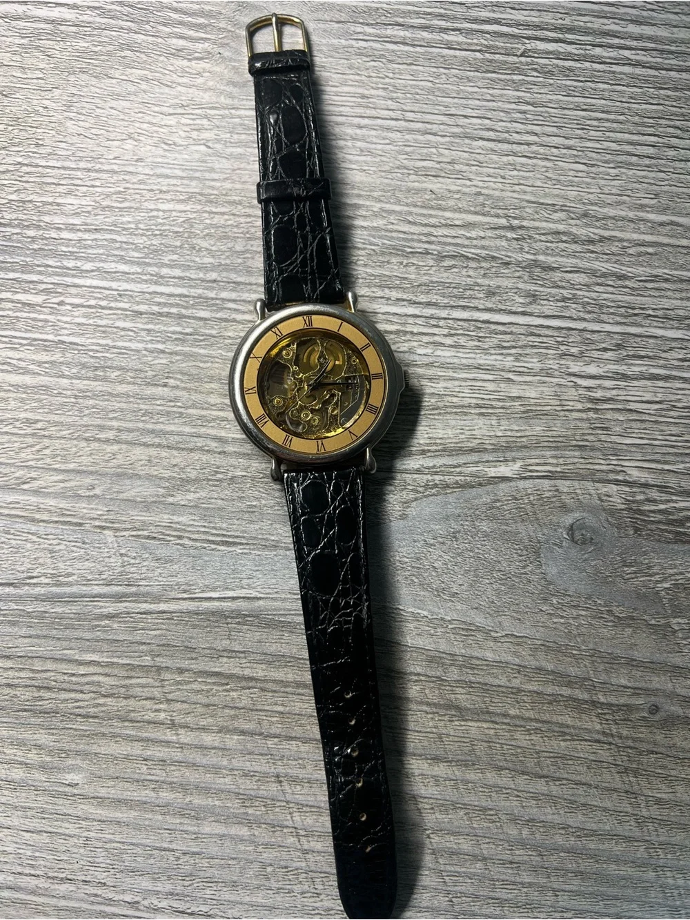 Gold Skeleton Dial Men's Mechanical Watch with Black Leather Strap